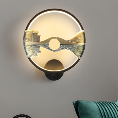 Arched Bridge Wall Mount Mural Light Asia Style Metallic LED White/Black Ring Sconce Lamp