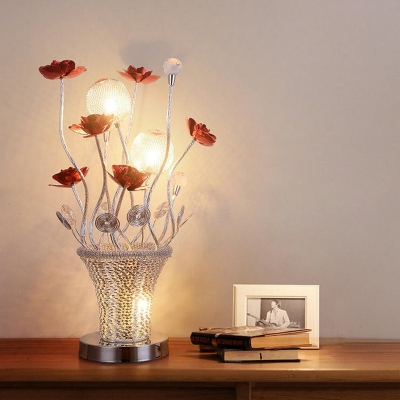 Art Deco Potted Flower Shape Table Light Aluminum Wire LED Nightstand Lamp in Chrome and Red