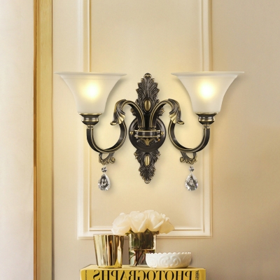 Black and Gold 2 Lights Sconce Traditional Opal Frosted Glass Wide Flared Wall Lamp Kit