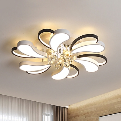 Black-White Flower Blossom Flush Light Contemporary Iron Bedroom LED Close to Ceiling Lamp with Crystal Drop