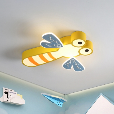 Cartoon Dragonfly Flush Mount Lamp Acrylic LED Bedroom Ceiling Light Fixture in Pink/Yellow