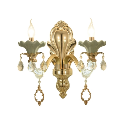Ceramic Candle Wall Light Traditional 1/2-Head Living Room Sconce with Scalloped Lamp Holder in Green and Gold