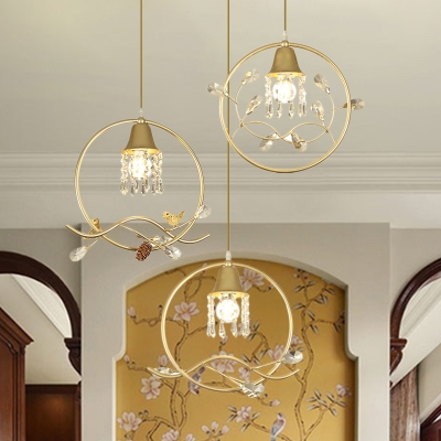 Circular Dining Table Cluster Pendant Postmodern Metal 3-Bulb Gold Hanging Lamp with Crystal Accent