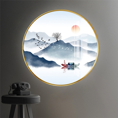 Circular Wall Mural Lighting Asian Mountain and River Patterned Fabric LED Gold Sconce Lamp