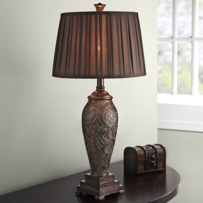 Coffee 1 Bulb Night Stand Lamp Rural Pleated Fabric Drum Table Lighting with Carved Base