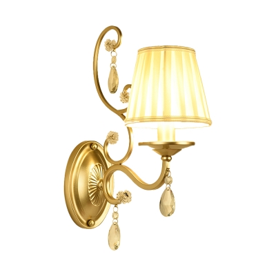 Cone Gathered Fabric Wall Sconce Contemporary Single-Bulb Bedroom Wall Lamp with Crystal Accent