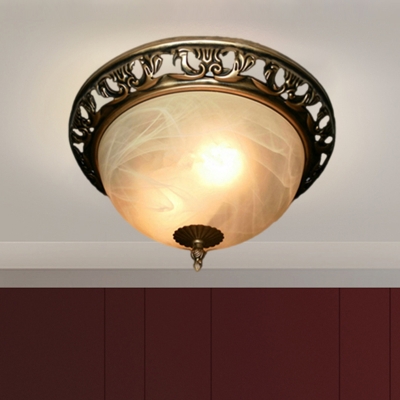 Crackle Glass Dome Ceiling Flush Countryside 2-Light Bedroom Flushmount Lighting in Brass