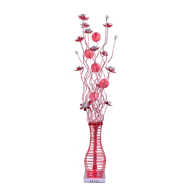 Decorative Flower and Vase Floor Light Aluminum Wire LED Standing Floor Lamp in Red/Black and Silver for Bedside