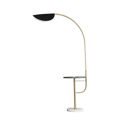 Extendable Arched Floor Light Mid Century Metal 1-Light Gold Floor Standing Lamp with Marble Table and Black Leaf Shade