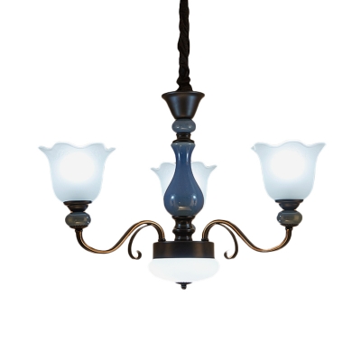 Floral Dining Room Pendulum Light Traditional Cream Glass 3 Lights Blue Ceiling Chandelier