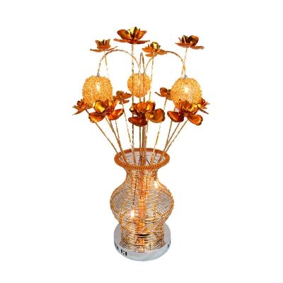 Flower and Vase Bedroom Desk Light Art Deco Aluminum Wire LED Gold Nightstand Lamp