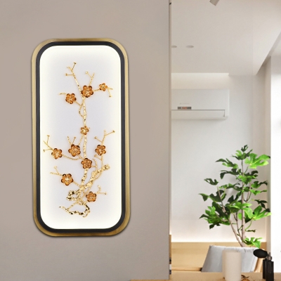Gold Chrysanths Wall Mount Mural Light Chinese Aluminum LED Sconce Lamp with Rectangle Frame