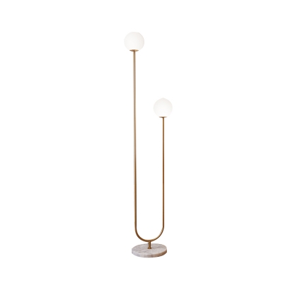Gold Finish U-Like Floor Standing Light Post Modern 2 Lights Metal LED Floor Lamp with Globe White Glass Shade