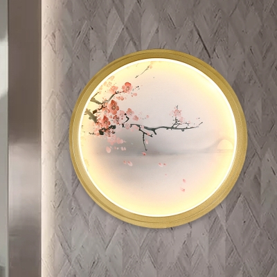 Gold Round/Square Wall Mural Lamp Asia Metallic LED Wall Light Fixture with Peach Blossom/Sunrise Pattern