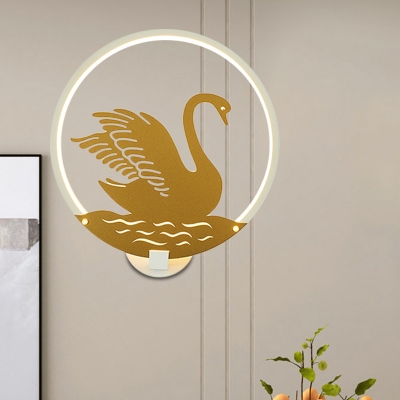 Gold Swan Wall Mural Lamp Asian Style LED Metallic Wall Mounted Light with White/Black Ring Detail, White/Warm Light