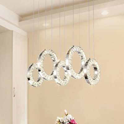 Hoop Dining Room Cluster Pendant Beveled Crystal 5-Head Modernist Hanging Ceiling Light in Nickel