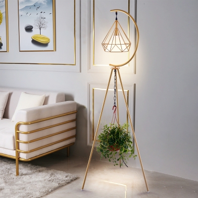 Iron Diamond Cage Floor Lamp Modern 1 Bulb Black/Gold Tripod Standing Lamp with Inner Fabric Shade