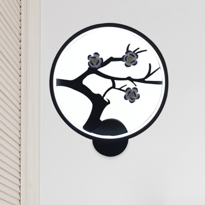 Iron Flowering Branch Wall Mural Lamp Asian Style LED Circular Sconce Light in Black for Decoration