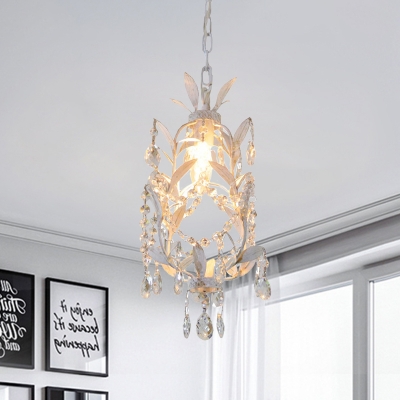 Matte White 1 Bulb Suspension Light Traditional Metallic Branching Ceiling Pendant Lamp with Crystal Decor