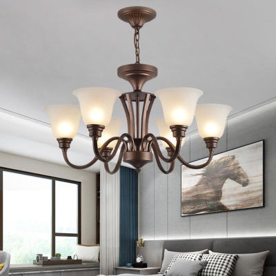 Metal Curved Arm Hanging Chandelier Antiqued 3/5/6 Lights Parlour Pendulum Lamp with Bell Frosted Glass Shade in Brown
