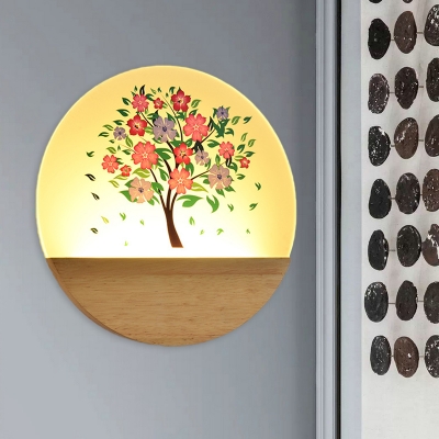 Modern Flower Tree Mural Lamp Flush Mount Acrylic Bedroom LED Sconce Light in Wood