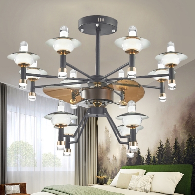 Modernist 2-Layer Radial Fan Lighting Metallic 12 Lights Parlour Semi Flush Lamp Fixture with 3 Brown Blades in Black and Gold, 36.5