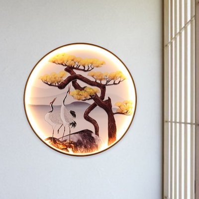 Pine Tree/Stone Stairway LED Flush Mount Metal Chinese Wall Mount Mural Lamp with Black Round Frame