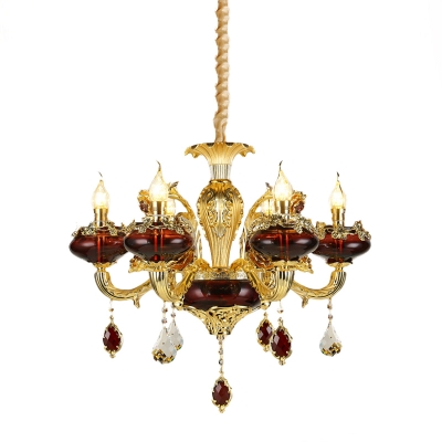 Red Crystal Oblong Shade Pendant Mid Century 6-Head Dining Room Ceiling Chandelier in Gold
