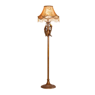 Retro Stylish Scalloped Floor Light 1 Head Peony-Print Fabric Stand Up Lamp with Fringe in Gold