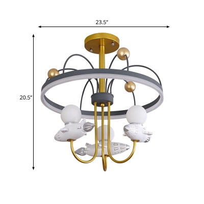 Rocket Resin Semi Flush Lamp Fixture with Universe Design Cartoon 3 Lights Gold Flush Mount Lighting