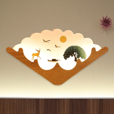 Scalloped Fan Shaped Wall Mount Light Chinese Acrylic Tearoom LED Mural Lamp with Forest Deer Pattern in Wood