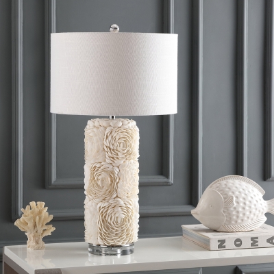 Shell Flower-Like Table Light with Cylindrical Design Traditional 1 Head Study Room Fabric Nightstand Lamp