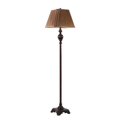 Single Floor Standing Lamp with Conic Shade Pleated Fabric Antiqued Parlour Floor Lighting in Brown