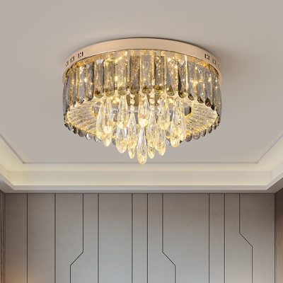 Smoke Grey Crystal Drum Flush Mount Modernist LED Bedroom Ceiling Flush Light with Droplets