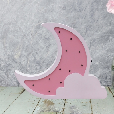 Star/Moon Bedroom Decorative Wall Lamp Wood Kids Style Battery Powered LED Night Light in Pink/Blue