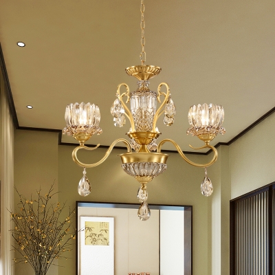 Traditional Floral Chandelier 3-Bulb Clear Crystal Glass Pendant Ceiling Light in Gold