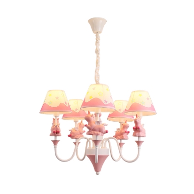 Unicorn Chandelier Light Cartoon Resin 5-Head Kids Room Ceiling Pendant with Cone Fabric Shade in Blue/Pink/Yellow