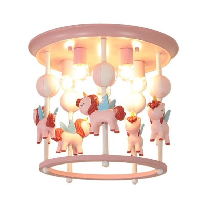 Unicorn Flush Light Fixture with Carrousel Design Cartoon Resin 6 Bulbs Blue/Pink Flush Mount