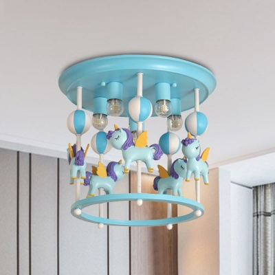 Unicorn Flush Light Fixture with Carrousel Design Cartoon Resin 6 Bulbs Blue/Pink Flush Mount