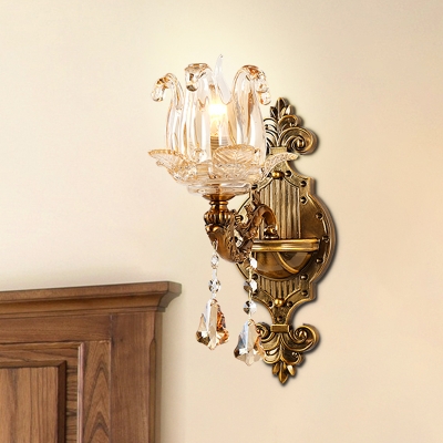 1/2-Bulb Clear Glass Wall Lighting Idea Vintage Brass Finish Flower Shade Bedroom Wall Lamp Fixture