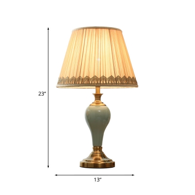 1-Light Ceramic Night Lamp Traditional Aqua/Silver Gray/Beige Urn Living Room Table Lighting with Pleated Fabric Shade