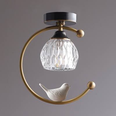 1 Light Semi Flush Lighting Antiqued Dome Shade Water Glass Ceiling Lamp Fixture with Bird and Ring Deco in Brass