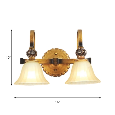 2 Lights Wall Mount Light with Bell Shade White Glass Traditional Hallway Wall Lamp Fixture in Brass