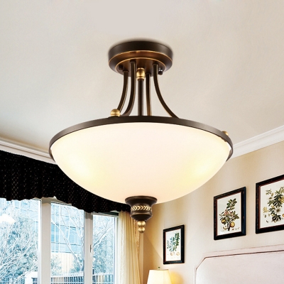 3 Bulbs Semi Mount Lighting with Bowl Shade Milk Glass Retro Bedroom Flush Lamp Fixture in Black