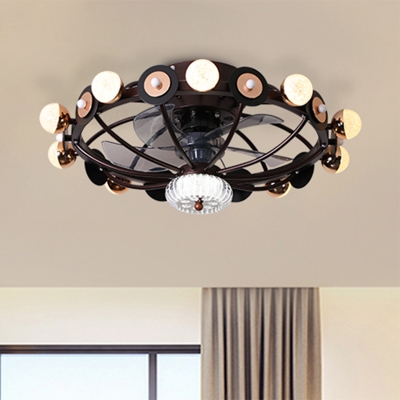 4 Blades Metal Oval Cage Semi Flush Lamp Modernist 11 Lights White/Grey/Coffee Ceiling Fan Light, 25.5