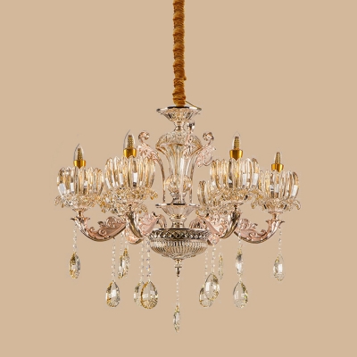 6 Lights Chandelier with Flower Shade Amber Glass Mid Century Living Room Hanging Ceiling Lamp