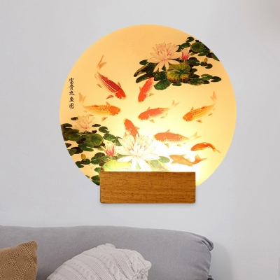 Asian Carp in Lotus Pond Wall Mural Lamp Acrylic Hotel LED Disc Wall Lighting in Wood