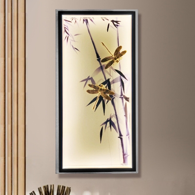 Bamboo and Dragonfly Fabric Mural Lamp Asia LED Black Wall Mount Lighting for Bedroom