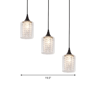 Black 3 Lights Multi Pendant Modern Clear Glass Cylinder Hanging Lamp with Interior Crystal Fringe, Round/Linear Canopy