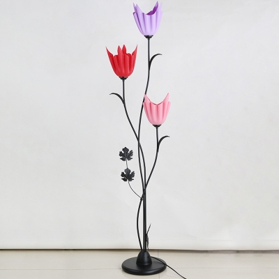 Black Finish Floral Branch Floor Lamp Modernist 3-Head Iron Floor Stand Light with Colorful Acrylic Shade